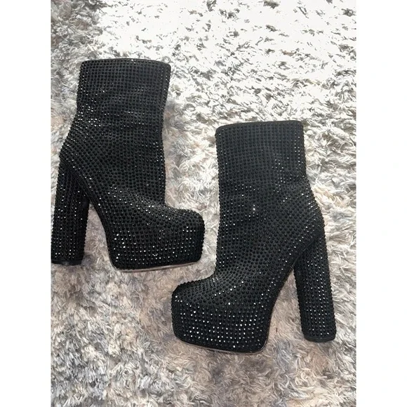 Lemon Drop Octavio Black Bling Platform Chunky Heel Boots 5.5 High Streetwear - Picture 5 of 8